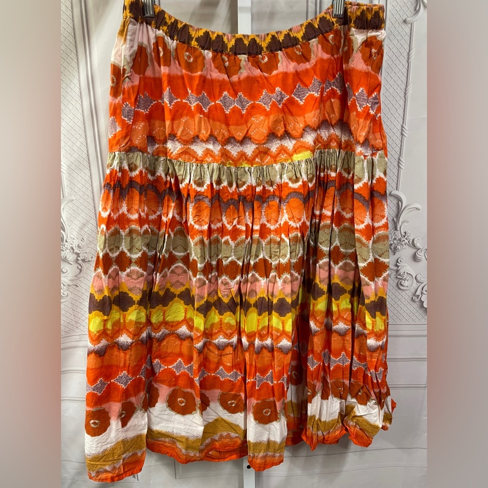 Ashley Stewart Orange Multicolor Drop Waist Boho Festival Cotton 14/16 Skirt